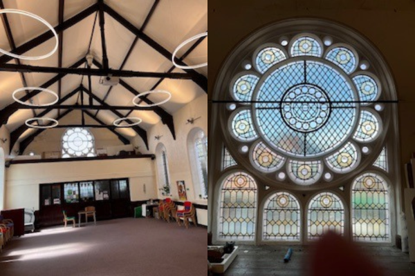 An image depicting the newly refurbished roof and windows at JTE Hub Methodist Church Shirehampton - including ceiling lights, stained glass window and destratification fans