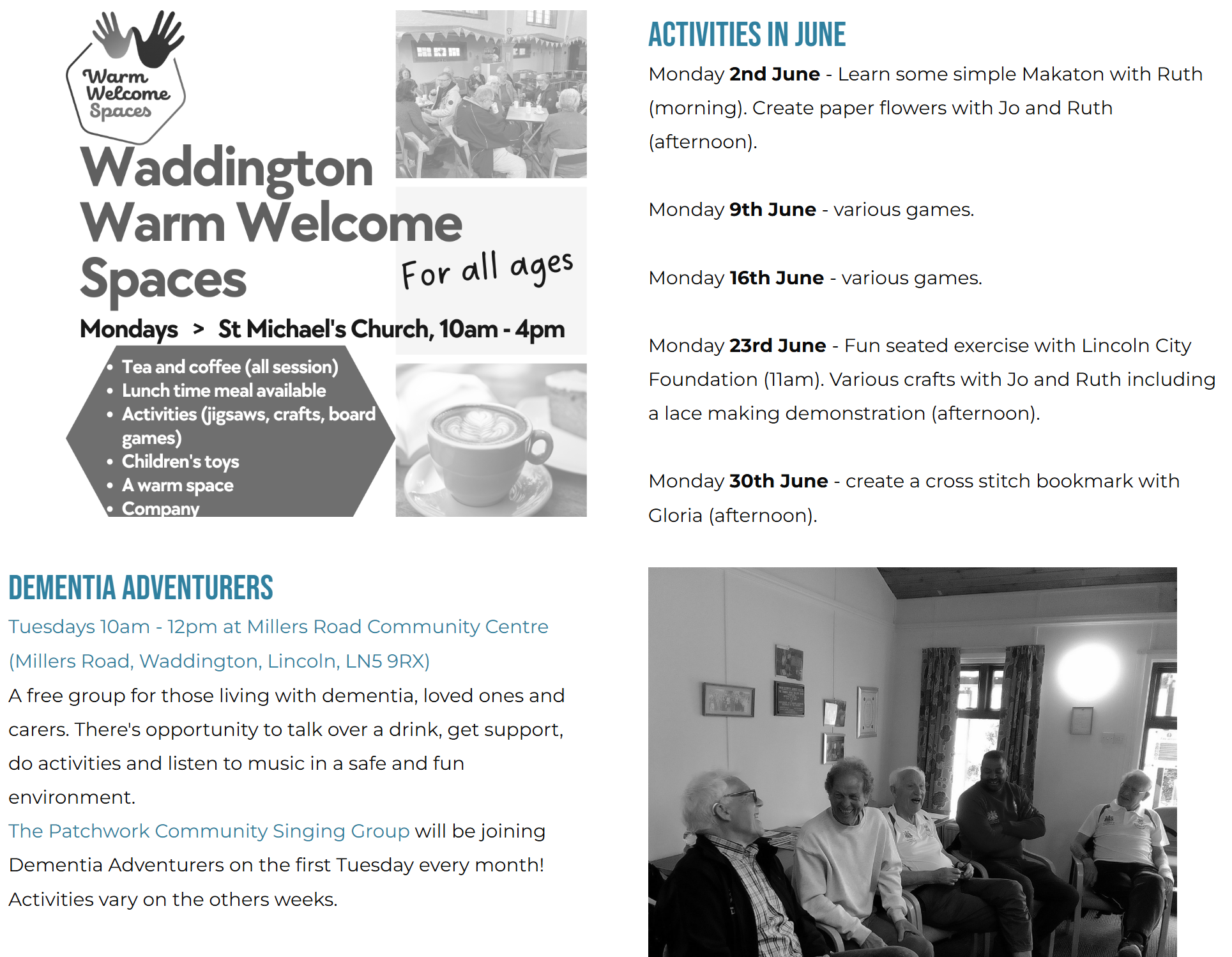 St Michael's Waddington Warm Welcome Space and Dementia Adventurers Flyer image of words and pictures advertising St Michaels Waddington Warm Welcome Space & Dementia Adventurers