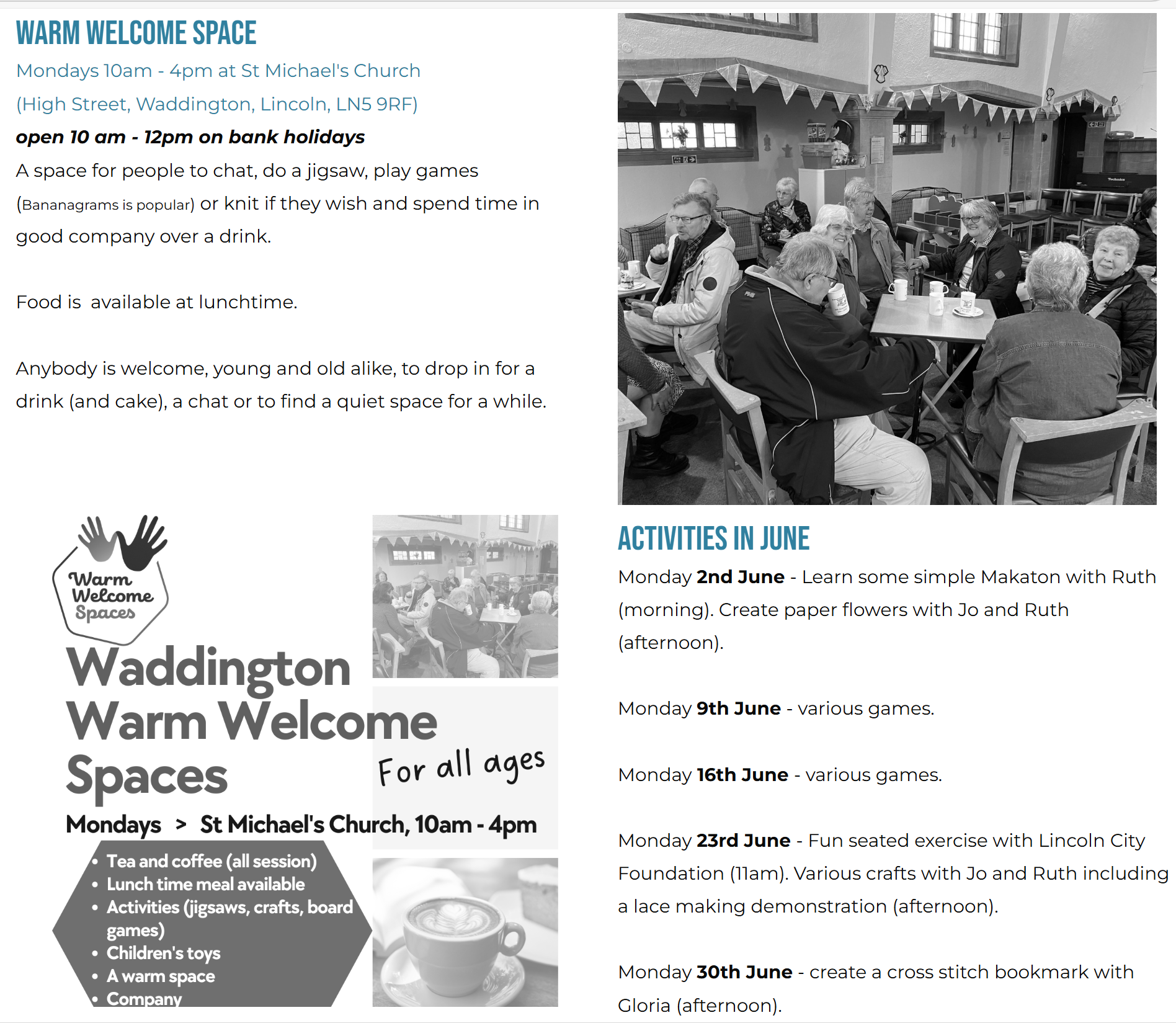 images and words advertising St Michaels warm welcome space