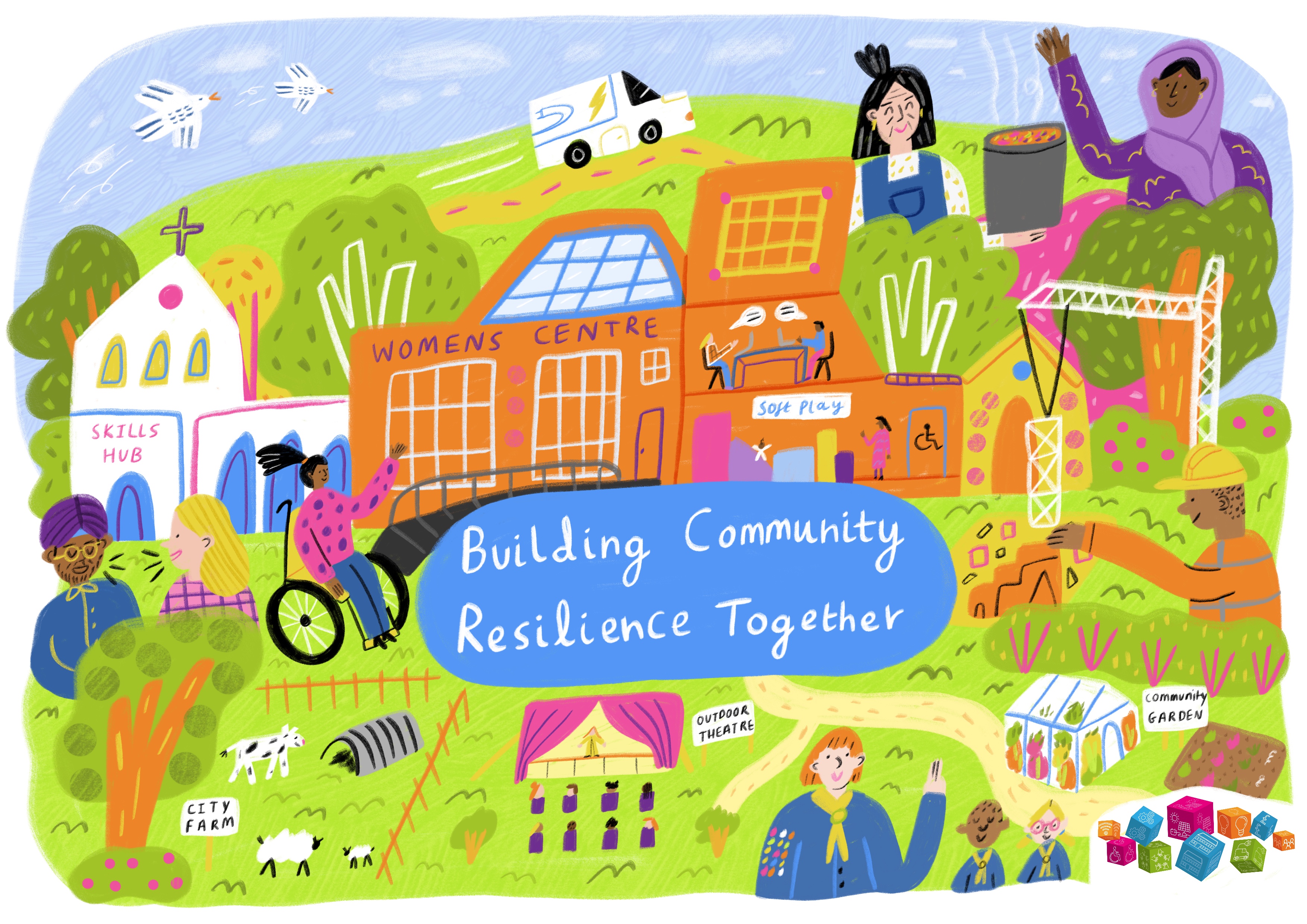 Colourful illustration depicting a vibrant community scene focused on resilience and collaboration, featuring a women's centre, skills hub, city farm, outdoor theatre, and community garden. Various people, including a person in a wheelchair and workers, interact amid greenery, buildings, and labelled areas, emphasising inclusivity and shared growth.
