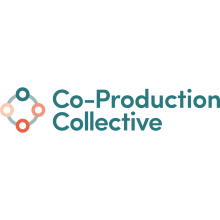 Logo for the Co-Production Collective - teal text with interlinked circular logos