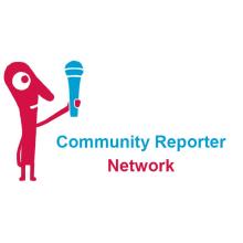 Logo for the Community Reporter Network - a dark pink gonzo figure holding a cyan blue microphone