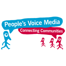 Logo for People's Voice Media - Blue and Dark Pink gonzo characters with speech bubbles reading People's Voice Media, Connecting Communities