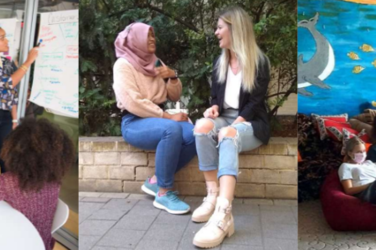 Three images. The first shows a woman leading a workshop with two others listening. The second is two young women sitting outside having a conversation and laughing. The third is a group of young people wearing face masks and watching something.