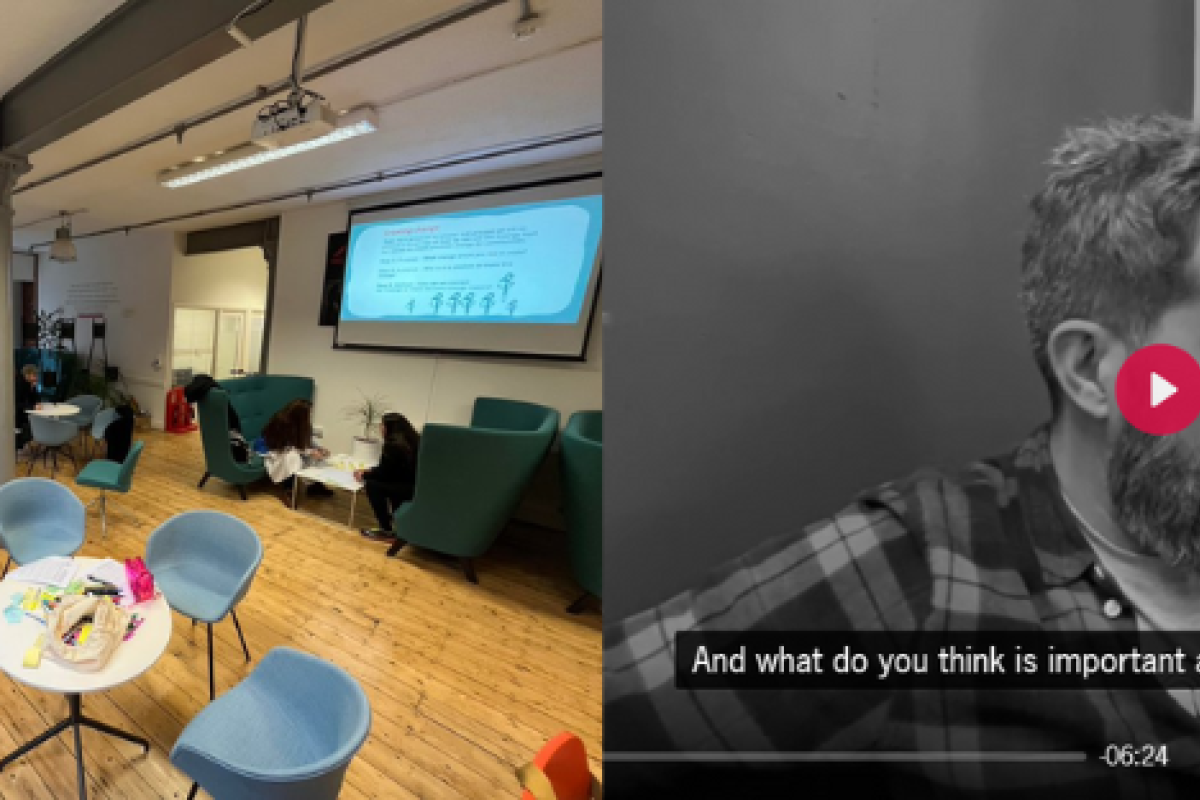 A selection of two images representing the changing futures - one image is from a workshop that took place as part of the project and shows some group members carrying out reflection activity around a group of tables. The other image is a screenshot of a video that has been uploaded to the community reporter website as part of the project